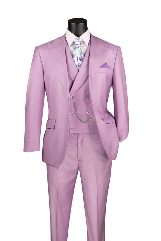 Displayed on a mannequin, the Vinci Suits Modern Fit 3 Piece Suit in lavender includes a white shirt and floral tie, featuring a double-breasted vest, chain accessory, and adjustable waist band pants. It boasts a textured weave for a timeless yet modern appearance.