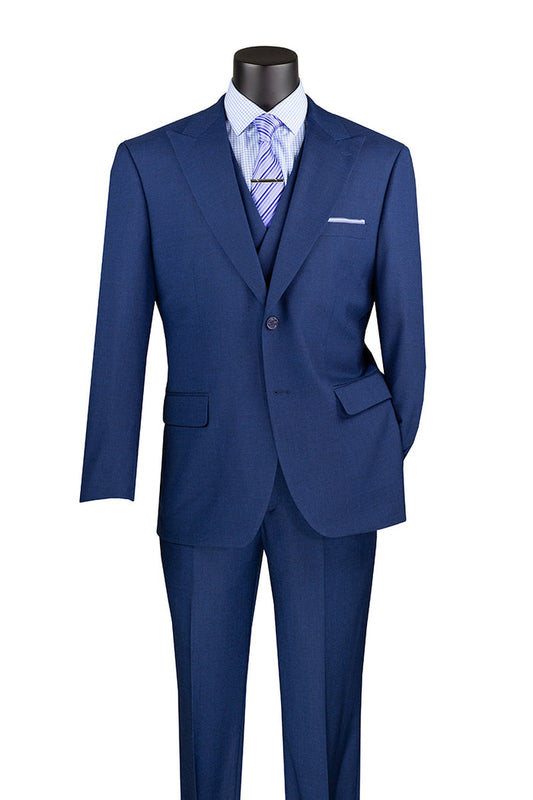 The Vinci Suits Modern Fit 3 Piece Suit with Vest and Adjustable Waist Band Pants features a navy poly-rayon blend single-breasted jacket, complemented by a white dress shirt and a purple striped tie on an invisible mannequin.