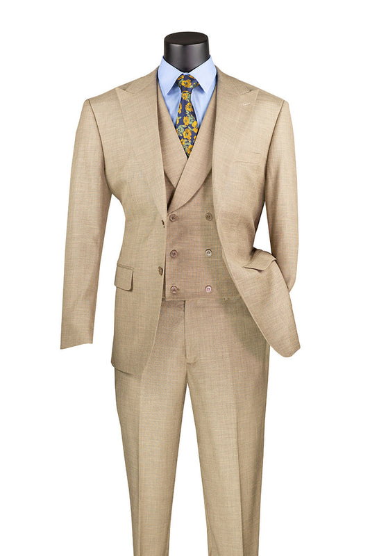 Vinci Suits' Modern Fit 3 Piece Suit in taupe features an adjustable waistband, double-breasted vest, complemented by a light blue shirt and patterned yellow tie on a mannequin.