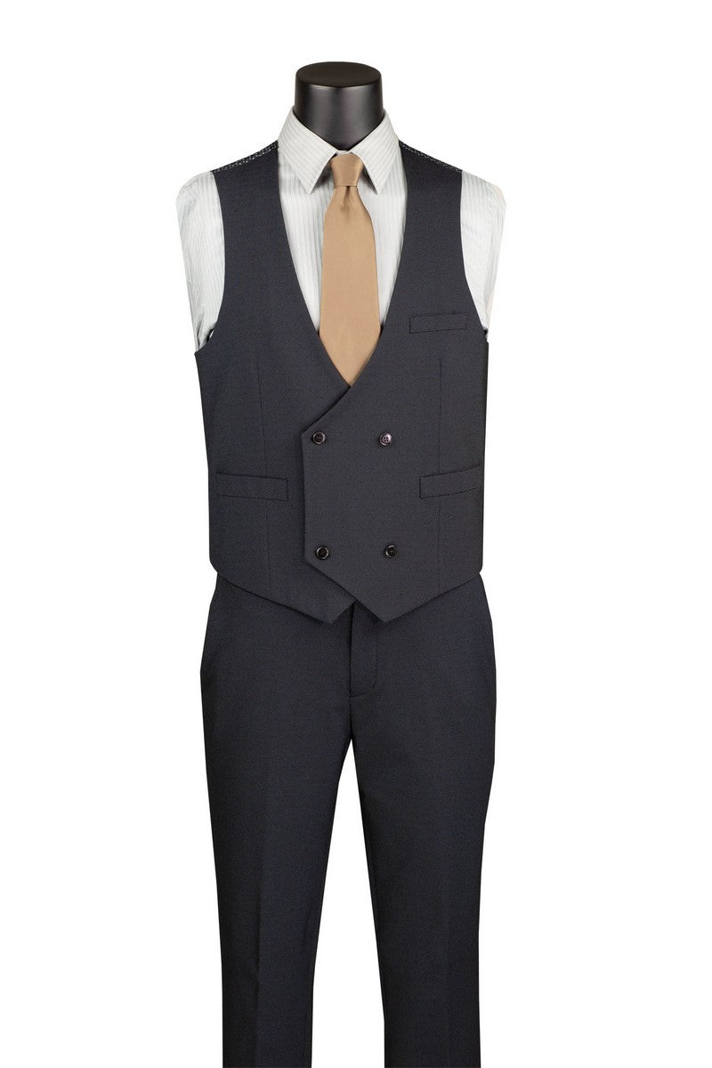 The Vinci Suits Modern Fit Charcoal Black 3 Piece Suit with Vest and Adjustable Waistband Pants MV2K-3 is shown styled with a white shirt, tan tie, pocket square, and vest chain on a mannequin.