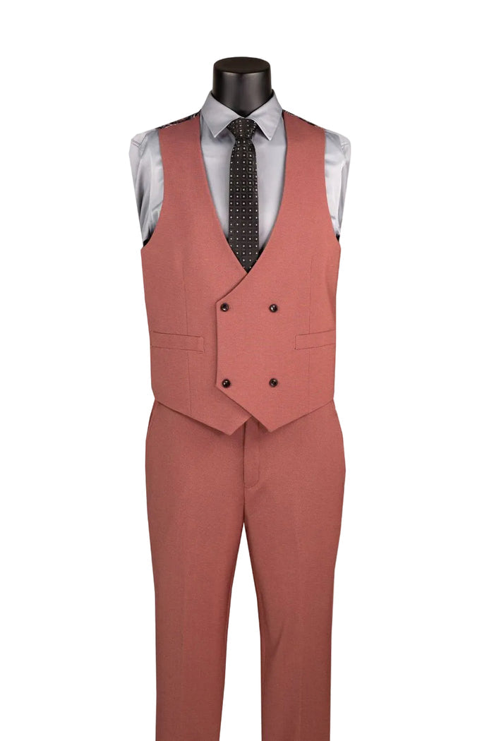 A mannequin displays the Modern Fit Cider 3 Piece Suit with Vest and Adjustable Waistband Pants MV2K-3 by Vinci Suits, styled with a patterned tie, white shirt, pocket square, and lapel pin.