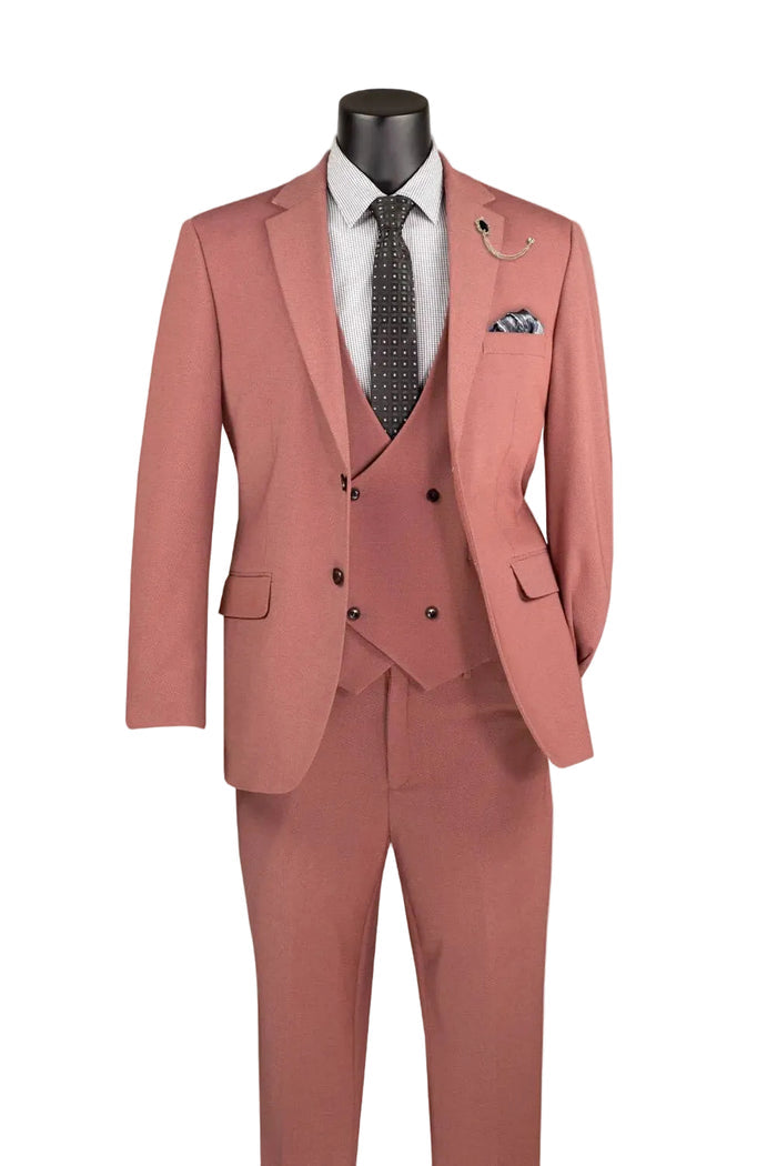 A mannequin displays the Modern Fit Cider 3 Piece Suit with Vest and Adjustable Waistband Pants MV2K-3 by Vinci Suits, styled with a patterned tie, white shirt, pocket square, and lapel pin.