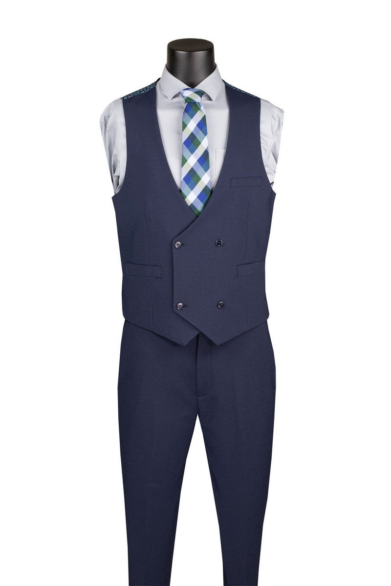 The Modern Fit Navy 3 Piece Suit with Vest and Adjustable Waistband Pants MV2K-3 by Vinci Suits is styled on a mannequin with white shirt, plaid tie, pocket square, and gold chain.