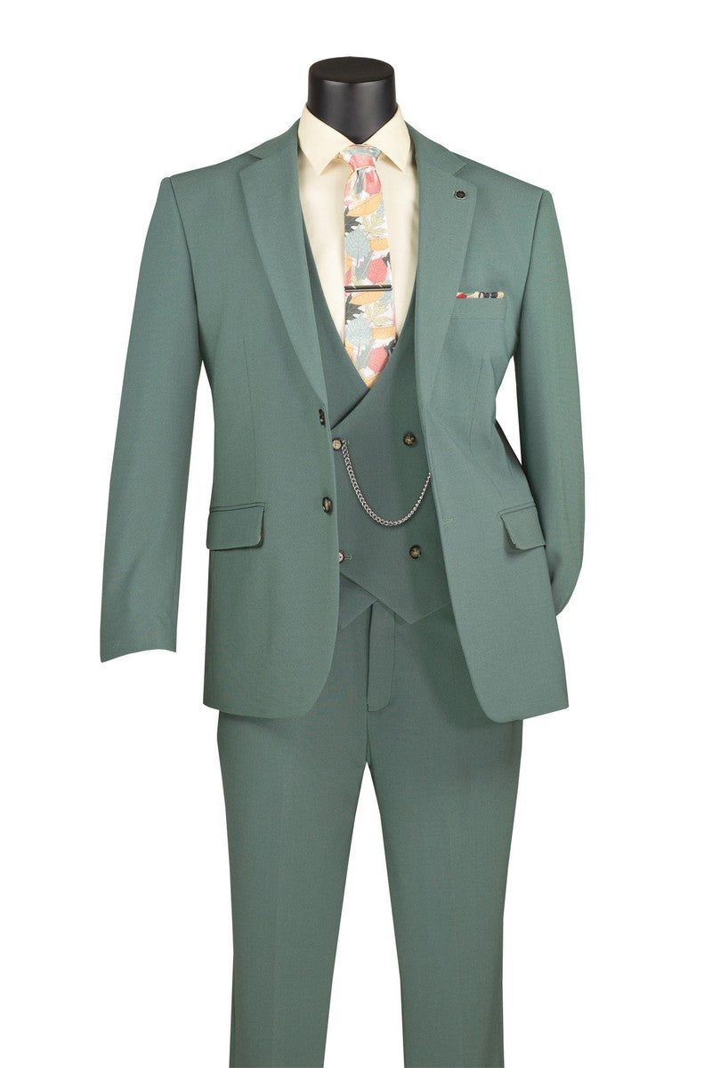 A mannequin displays the Modern Fit Sage 3 Piece Suit with Vest and Adjustable Waistband Pants MV2K-3 by Vinci Suits, paired with a light shirt, patterned tie, pocket square, and vest chain.