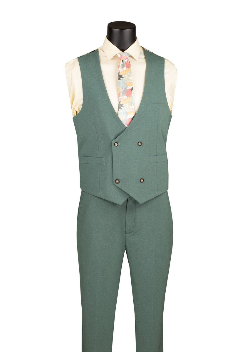 A mannequin displays the Modern Fit Sage 3 Piece Suit with Vest and Adjustable Waistband Pants MV2K-3 by Vinci Suits, paired with a light shirt, patterned tie, pocket square, and vest chain.