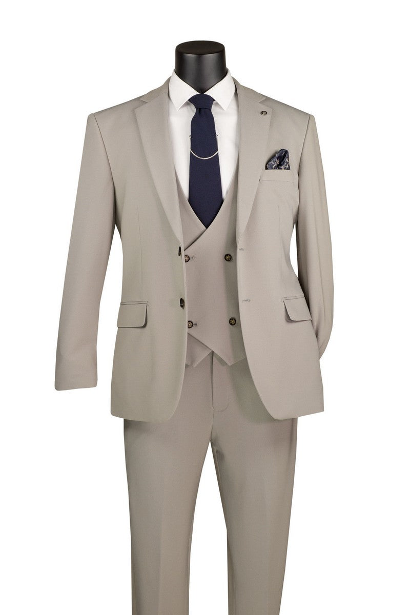 Modern Fit Tan 3 Piece Suit with Vest and Adjustable Waistband Pants MV2K-3 by Vinci Suits shown with a white shirt, navy tie, and pocket square—ideal for business or weddings.