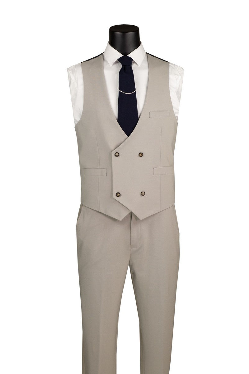 Modern Fit Tan 3 Piece Suit with Vest and Adjustable Waistband Pants MV2K-3 by Vinci Suits shown with a white shirt, navy tie, and pocket square—ideal for business or weddings.