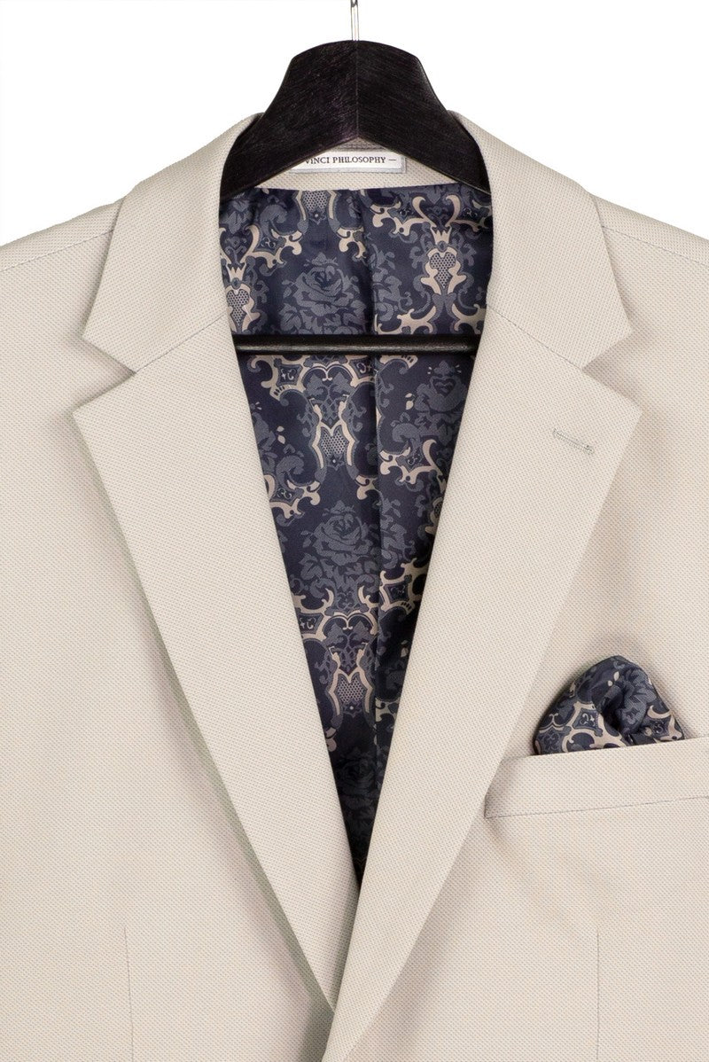 Modern Fit Tan 3 Piece Suit with Vest and Adjustable Waistband Pants MV2K-3 by Vinci Suits shown with a white shirt, navy tie, and pocket square—ideal for business or weddings.