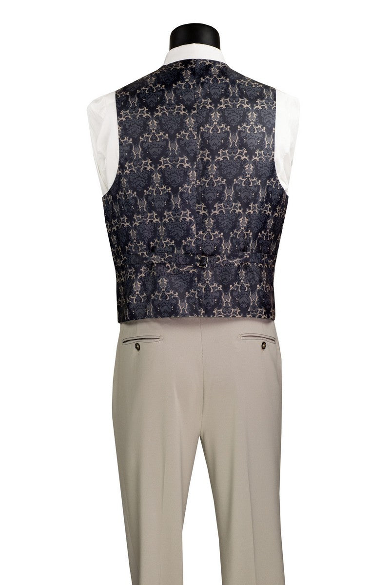 Modern Fit Tan 3 Piece Suit with Vest and Adjustable Waistband Pants MV2K-3 by Vinci Suits shown with a white shirt, navy tie, and pocket square—ideal for business or weddings.