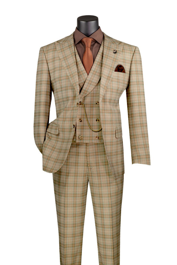 A mannequin displays a wrinkle-resistant, modern fit khaki windowpane suit by Vinci Suits, featuring a peak lapel, double-breasted vest, brown shirt, and patterned tie.