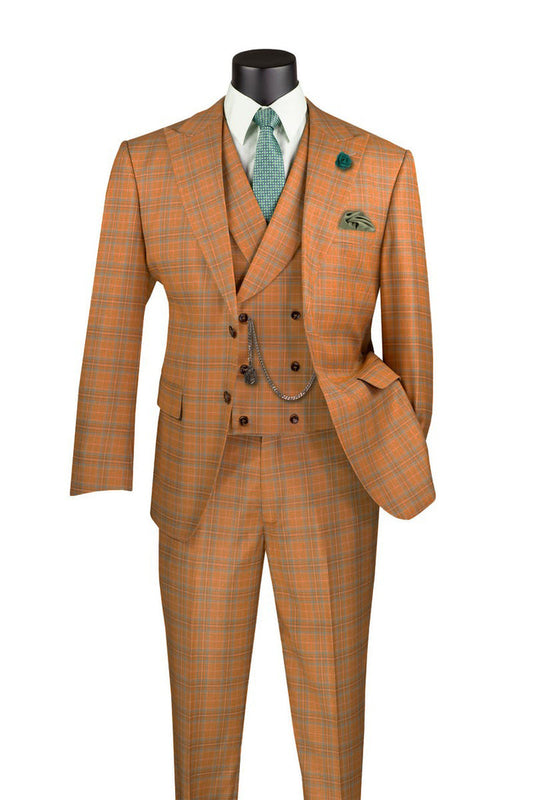 The Vinci Suits Modern Fit Windowpane Peak Lapel 3 Piece Suit, Orange MV2W-3, elegantly displayed on a mannequin, pairs with a green tie and pocket square. This wrinkle-resistant ensemble ensures lasting elegance for any stylish occasion.