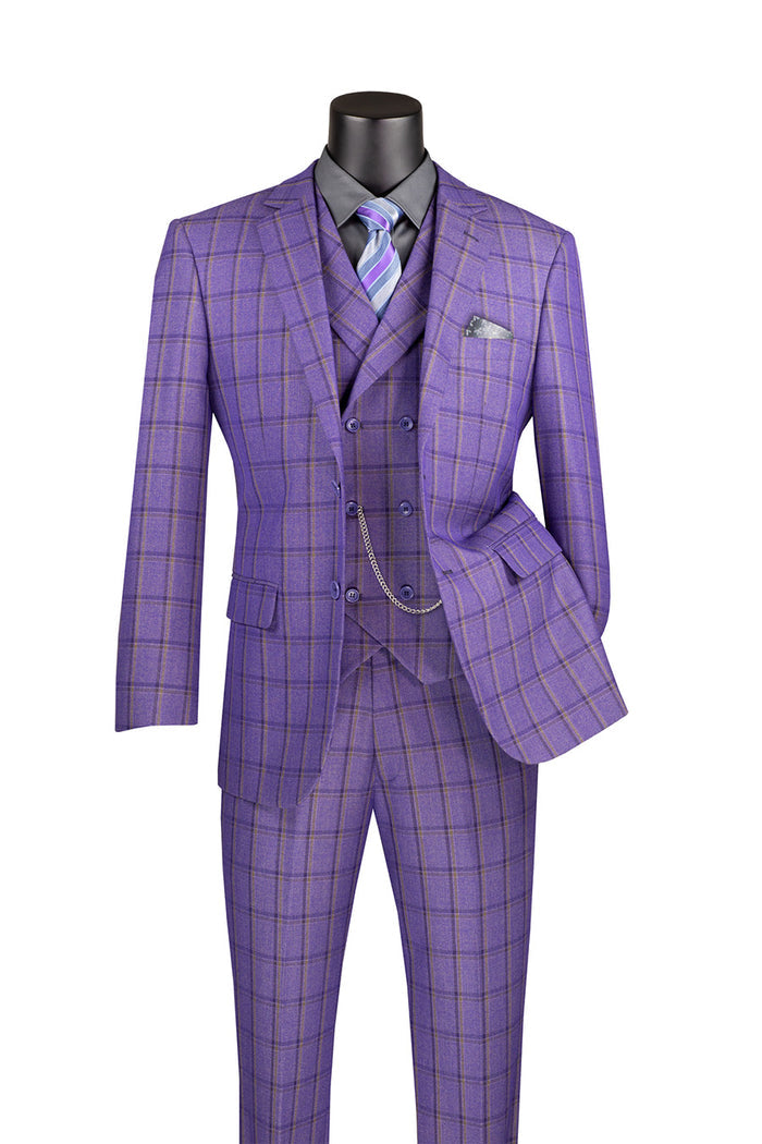 The Modern Fit Purple Windowpane Suit 3 Piece with Adjustable Waistband Pants F-MV2W4 by Vinci Suits is displayed on a mannequin with a black shirt, striped tie, vest, chain, and draped sleeve.
