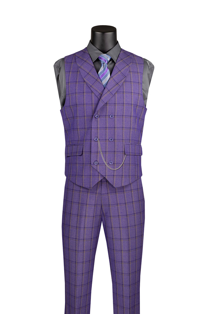 The Modern Fit Purple Windowpane Suit 3 Piece with Adjustable Waistband Pants F-MV2W4 by Vinci Suits is displayed on a mannequin with a black shirt, striped tie, vest, chain, and draped sleeve.