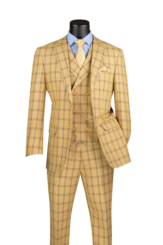 A mannequin displays a Vinci Suits Modern Fit Windowpane Suit 3 Piece Tan MV2W-4, complemented by a blue shirt and matching yellow tie.