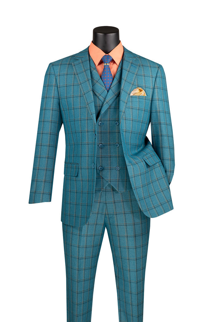 The Modern Fit Teal Blue Windowpane Suit 3 Piece with Adjustable Waistband Pants F-MV2W4 by Vinci Suits is shown on a mannequin with orange shirt, blue tie, and yellow pocket square.