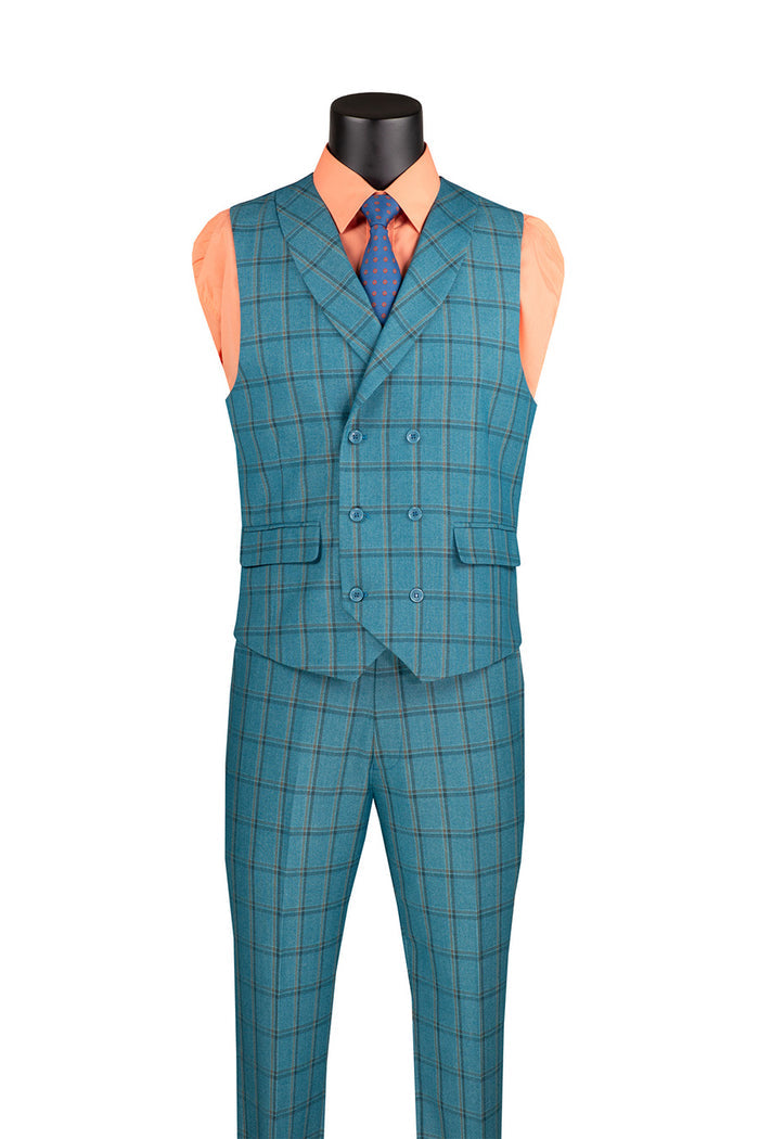 The Modern Fit Teal Blue Windowpane Suit 3 Piece with Adjustable Waistband Pants F-MV2W4 by Vinci Suits is shown on a mannequin with orange shirt, blue tie, and yellow pocket square.