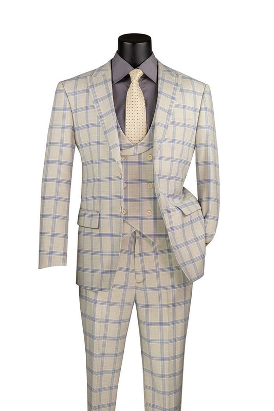 The Modern Fit Windowpane Suit 3 Piece with U-Neck Vest Light Beige MV2W-5 by Vinci Suits showcases a luxurious wool feel in light blue and beige tones, paired with a yellow tie and gray shirt, elegantly displayed on a black mannequin.