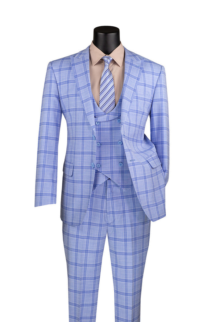 Adorning a mannequin is the elegant Vinci Suits Modern Fit Windowpane Suit 3 Piece in light blue with a U-Neck vest, paired with a beige shirt and blue striped tie. This sophisticated ensemble offers the comfort of luxurious wool and features a subtle plaid pattern for ultimate style.