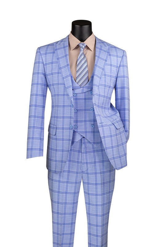 Adorning a mannequin is the elegant Vinci Suits Modern Fit Windowpane Suit 3 Piece in light blue with a U-Neck vest, paired with a beige shirt and blue striped tie. This sophisticated ensemble offers the comfort of luxurious wool and features a subtle plaid pattern for ultimate style.