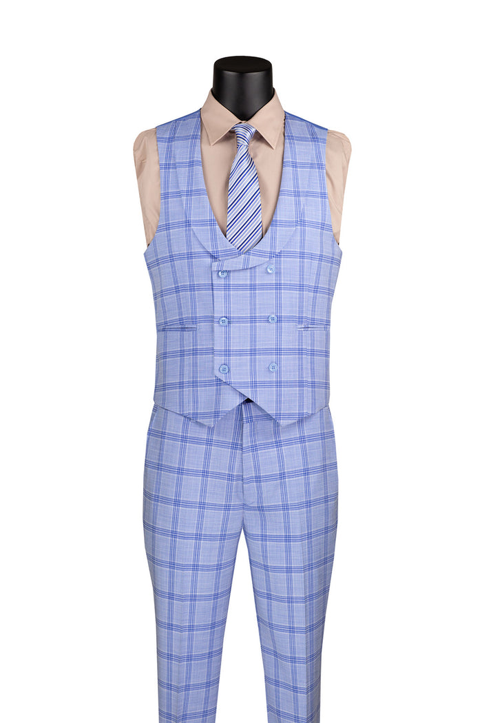 Adorning a mannequin is the elegant Vinci Suits Modern Fit Windowpane Suit 3 Piece in light blue with a U-Neck vest, paired with a beige shirt and blue striped tie. This sophisticated ensemble offers the comfort of luxurious wool and features a subtle plaid pattern for ultimate style.