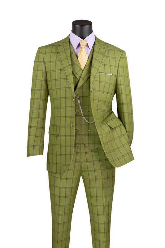 The Vinci Suits Modern Fit Windowpane Suit 3 Piece Moss MV2W-4, featuring a jacket, vest, and pants in green plaid, is paired with a yellow patterned tie and lavender shirt for a luxurious wool feel.