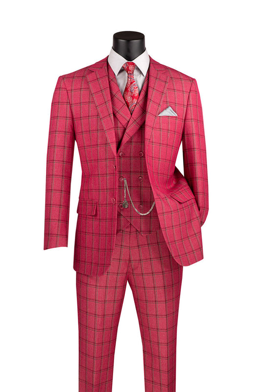 A mannequin displays the Vinci Suits Modern Fit Windowpane Suit 3 Piece Raspberry MV2W-4, with a three-piece red plaid design, a double-breasted vest, white shirt, and patterned tie.