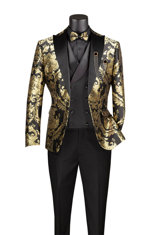 The Vinci Suits Modern Fit 3 Piece Suit in black, MVJQ-1, includes a gold and black floral blazer with decorative chains and buttons, complemented by paisley patterns on the lapels. It comes with matching trousers and a bow tie for an elegant touch. No visible model included.