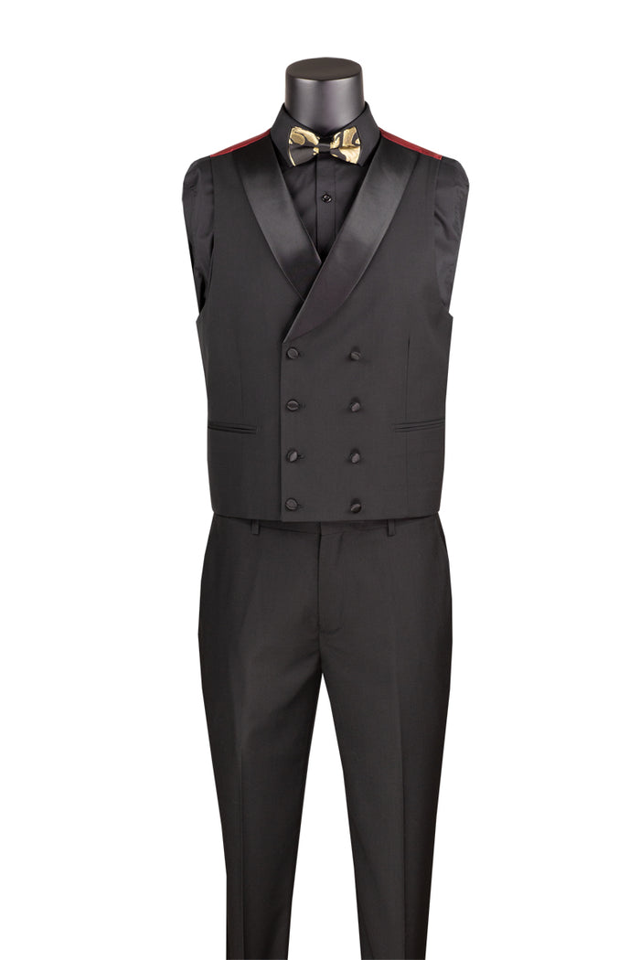 The Vinci Suits Modern Fit 3 Piece Suit in black, MVJQ-1, includes a gold and black floral blazer with decorative chains and buttons, complemented by paisley patterns on the lapels. It comes with matching trousers and a bow tie for an elegant touch. No visible model included.