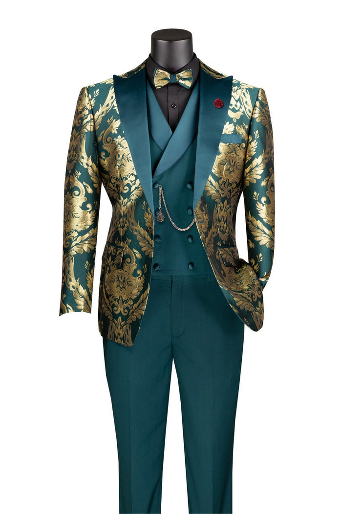 The Vinci Suits Modern Fit 3 Piece Suit MVJQ-1 features an emerald green blazer with a gold floral paisley pattern in a poly rayon blend, black lapel, and jacquard fabric. It includes a matching waistcoat and bow tie for an elegant touch.