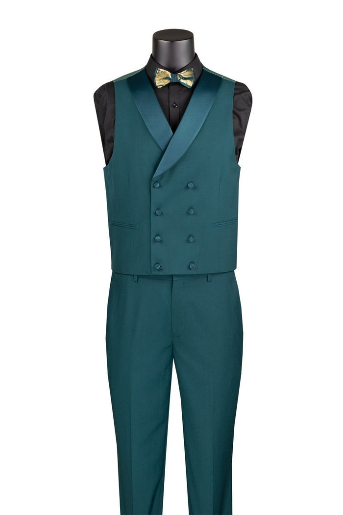 The Vinci Suits Modern Fit 3 Piece Suit MVJQ-1 features an emerald green blazer with a gold floral paisley pattern in a poly rayon blend, black lapel, and jacquard fabric. It includes a matching waistcoat and bow tie for an elegant touch.