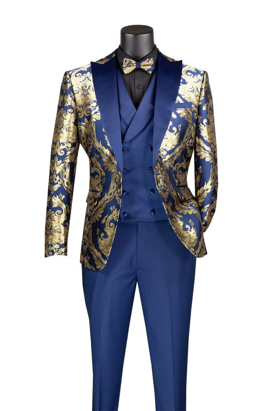 A Vinci Suits mannequin sports the Modern Fit 3 Piece Suit in navy jacquard (MVJQ-1), featuring a blazer with gold floral patterns, complete with a matching bow tie and black shirt.