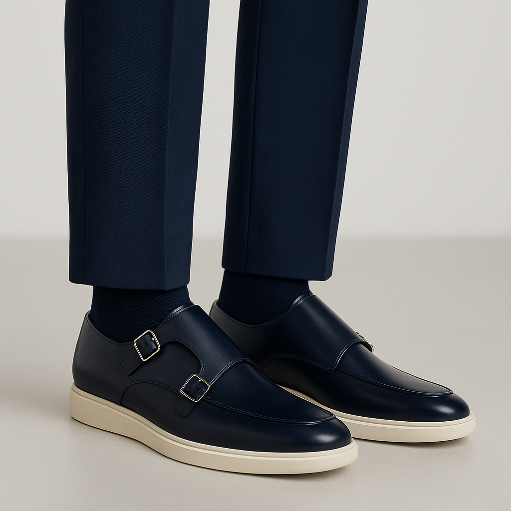 The BELVEDERE Belvedere - Marcio Hybrid Double Buckle Dress Shoe in navy Nappa leather features a white rubber sole. Made in Brazil, it's shown from the side on a white background.