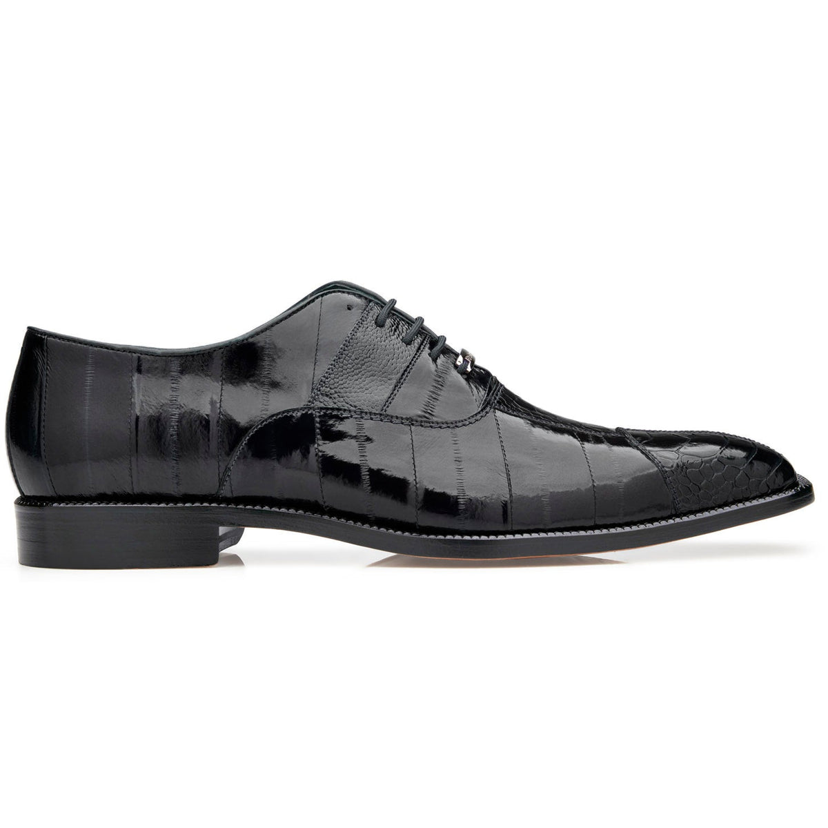 Belvedere - Mare, Genuine Ostrich and Eel Dress Shoe - Black - 2P7 black leather lace-up dress shoe with textured ostrich leather paneling.
