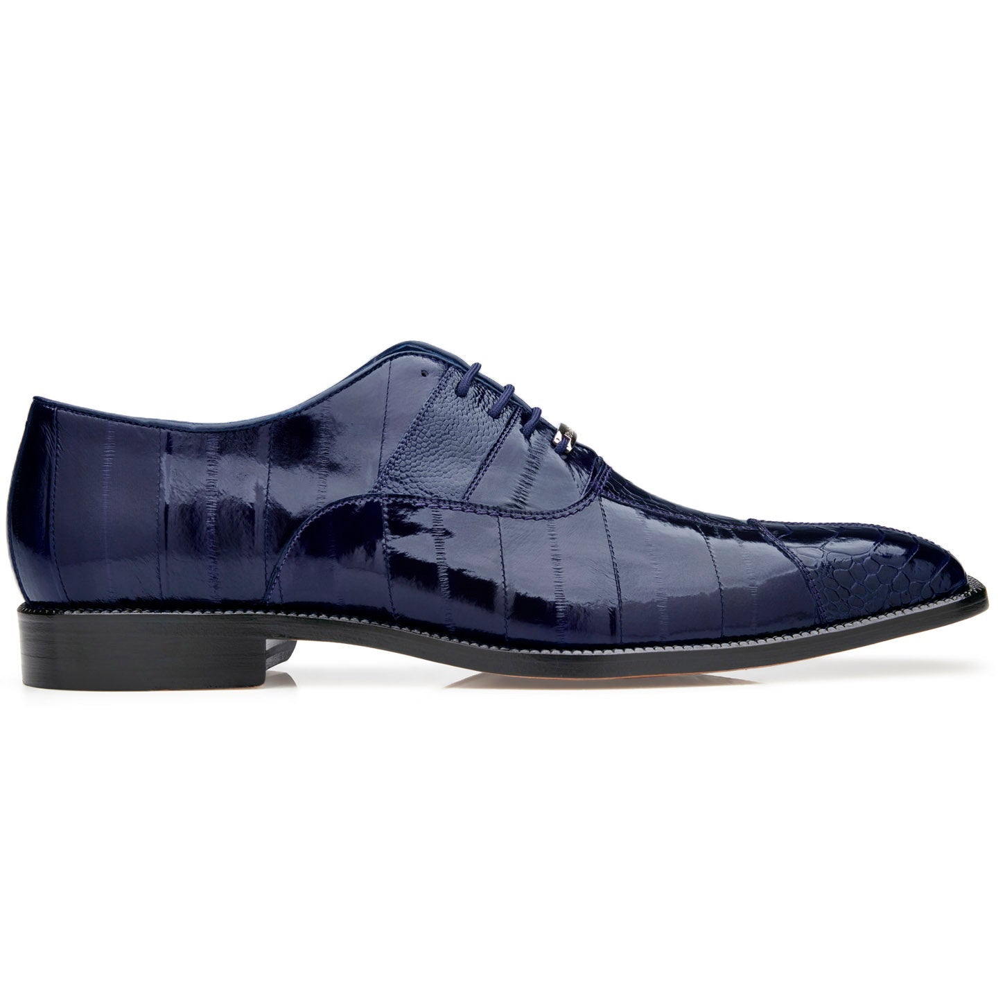The Belvedere - Mare, a genuine ostrich and eel dress shoe in navy, is showcased on a white background. Crafted by BELVEDERE, this sophisticated shoe boasts a sleek leather sole, low heel, and lace-up closure, perfectly fusing elegance with style.