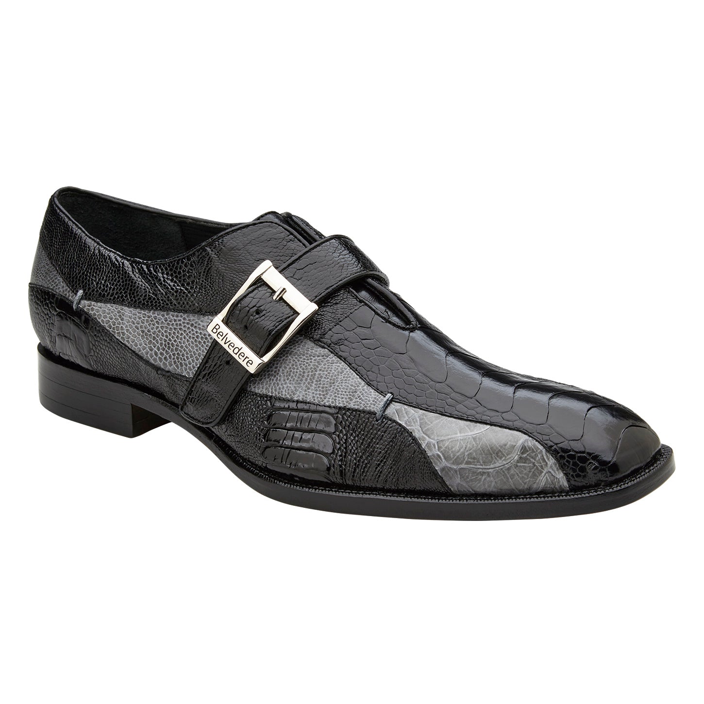 The Belvedere Marte (R810) is a genuine ostrich leg dress shoe in black/gray, featuring a silver side buckle, textured striped patterns, a low heel, and classic leather sole.