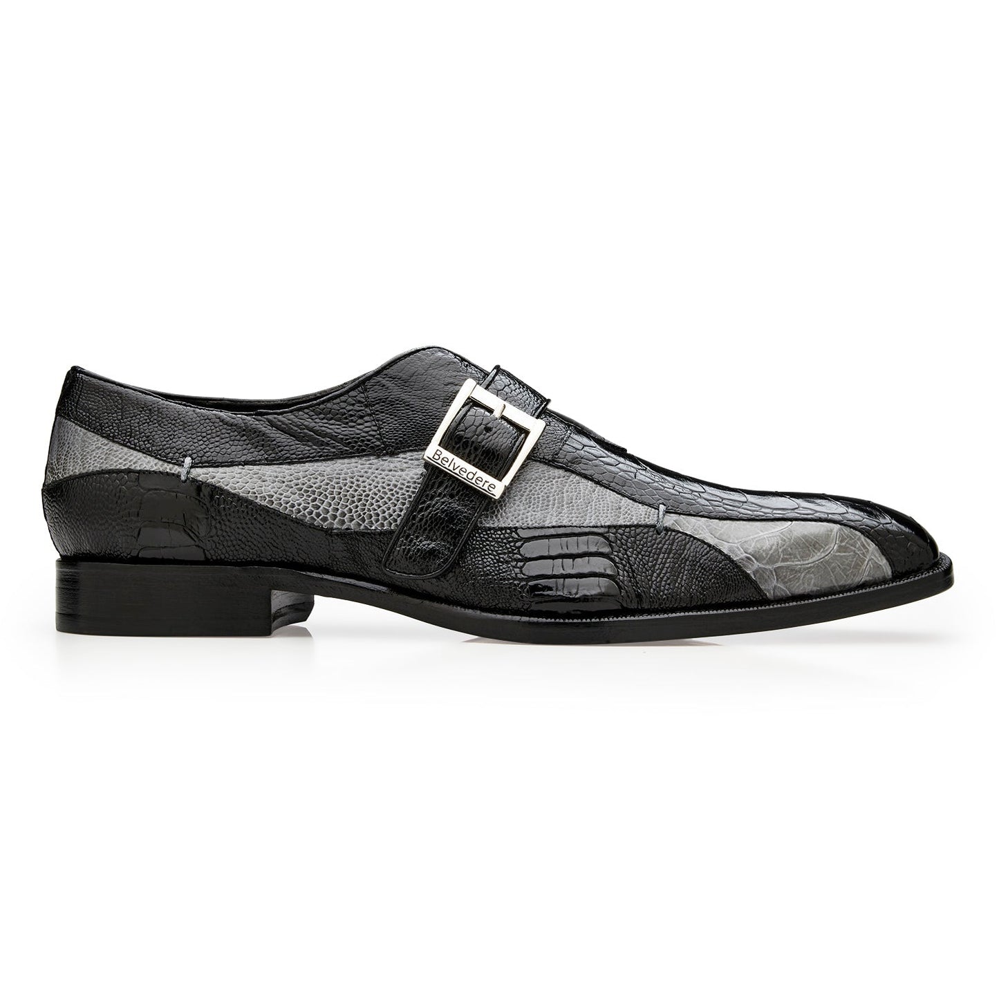 The Belvedere Marte (R810) is a genuine ostrich leg dress shoe in black/gray, featuring a silver side buckle, textured striped patterns, a low heel, and classic leather sole.