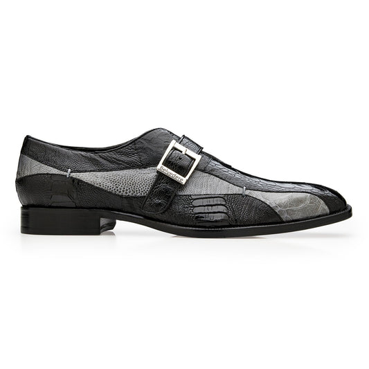 The Belvedere Marte (R810) is a genuine ostrich leg dress shoe in black/gray, featuring a silver side buckle, textured striped patterns, a low heel, and classic leather sole.