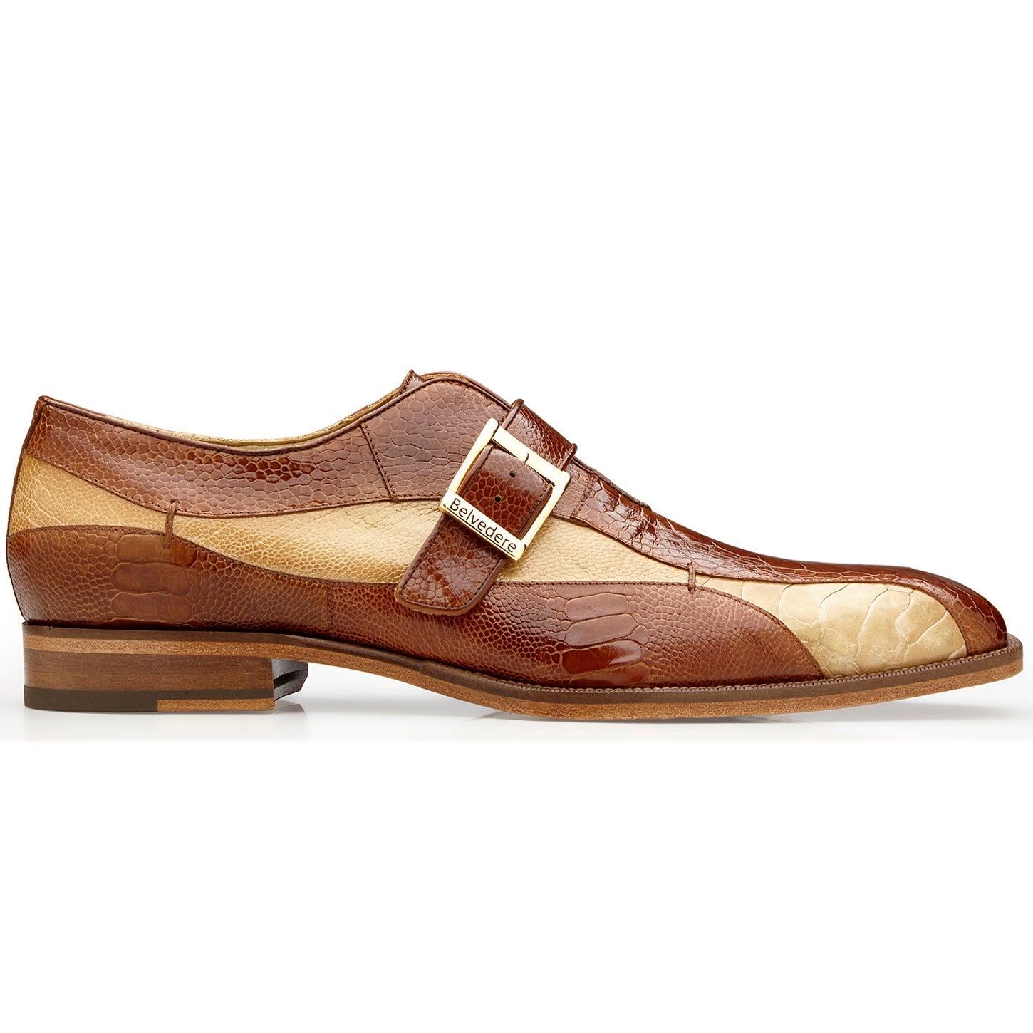 The BELVEDERE Belvedere - Marte is a genuine ostrich leg dress shoe in Ant. Camel/Bone with a monk strap, gold buckle, low heel, and cushioned insole for comfort. Model R810.