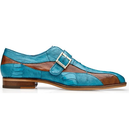 The BELVEDERE Belvedere - Marte is a men's genuine ostrich leg monk strap dress shoe in Antique Ocean Blue/Brandy, featuring a single buckle, textured glossy finish, leather sole, and shown in side profile (Style: R810).
