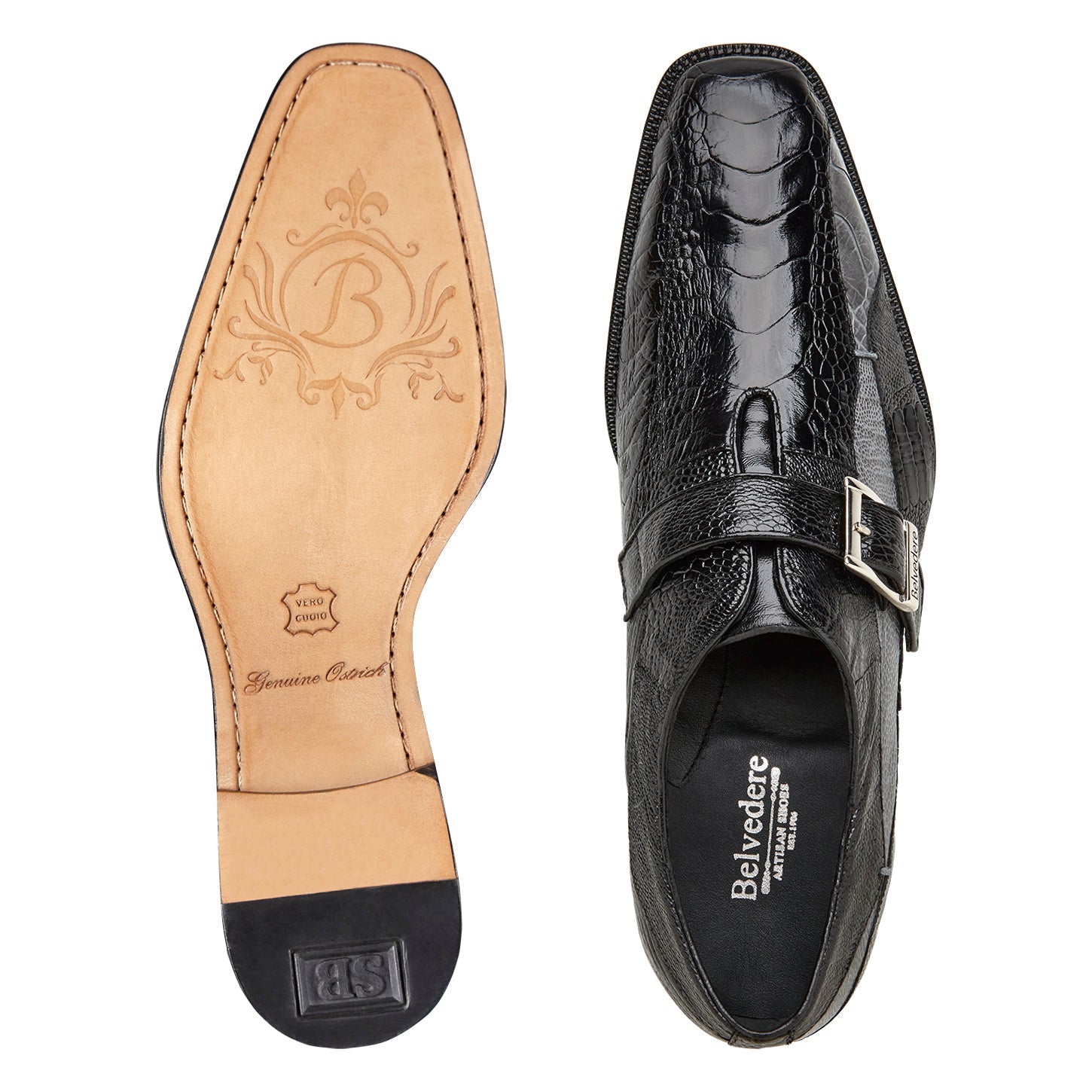 The Belvedere Marte (R810) is a genuine ostrich leg dress shoe in black/gray, featuring a silver side buckle, textured striped patterns, a low heel, and classic leather sole.