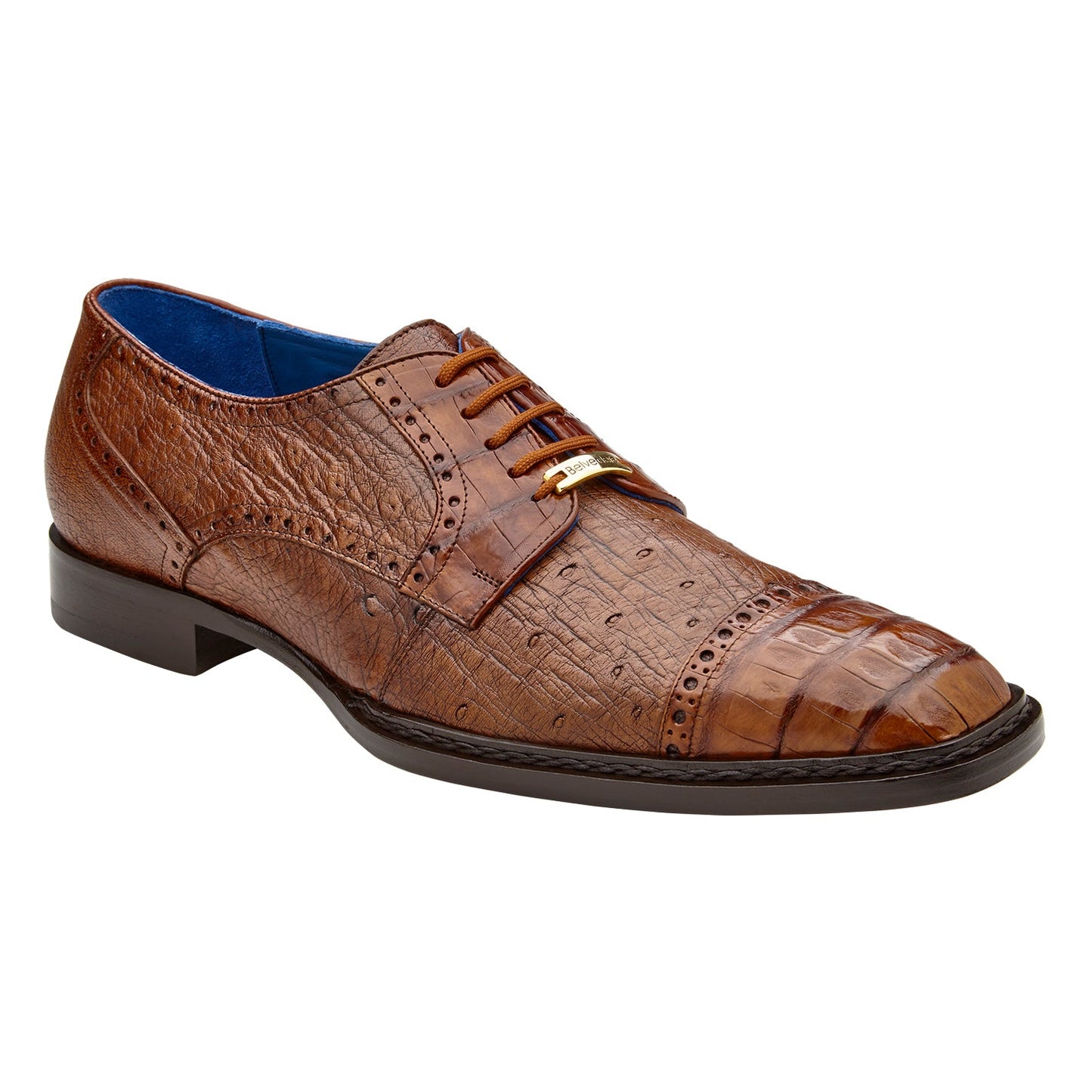 The BELVEDERE Belvedere Martino R104 is a walnut genuine caiman crocodile dress shoe in oxford style, with textured finish, perforated details, laces, and low black heel, shown in a side view facing left.