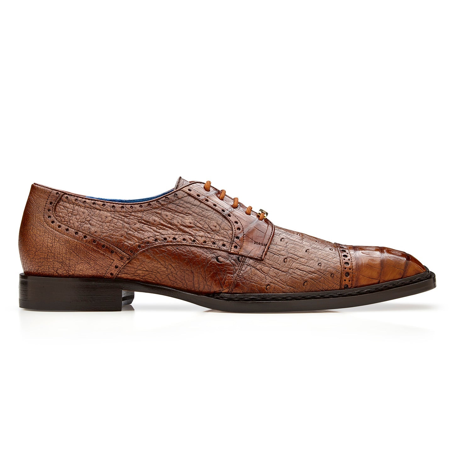 The BELVEDERE Belvedere Martino R104 is a walnut genuine caiman crocodile dress shoe in oxford style, with textured finish, perforated details, laces, and low black heel, shown in a side view facing left.
