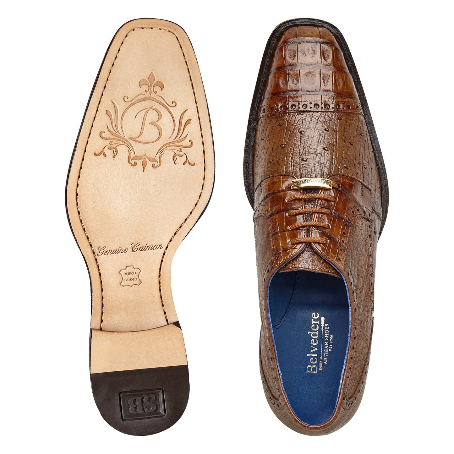 The BELVEDERE Belvedere Martino R104 is a walnut genuine caiman crocodile dress shoe in oxford style, with textured finish, perforated details, laces, and low black heel, shown in a side view facing left.