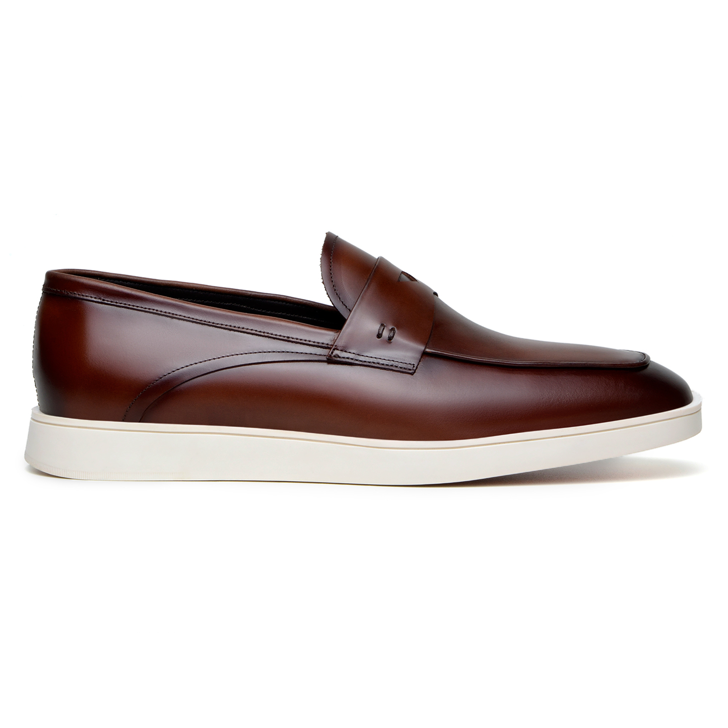 A pair of BELVEDERE Belvedere - Maurizio Hybrid Penny Loafer Shoes in cognac Nappa leather with white rubber soles, made in Brazil, are displayed side by side on a white background.