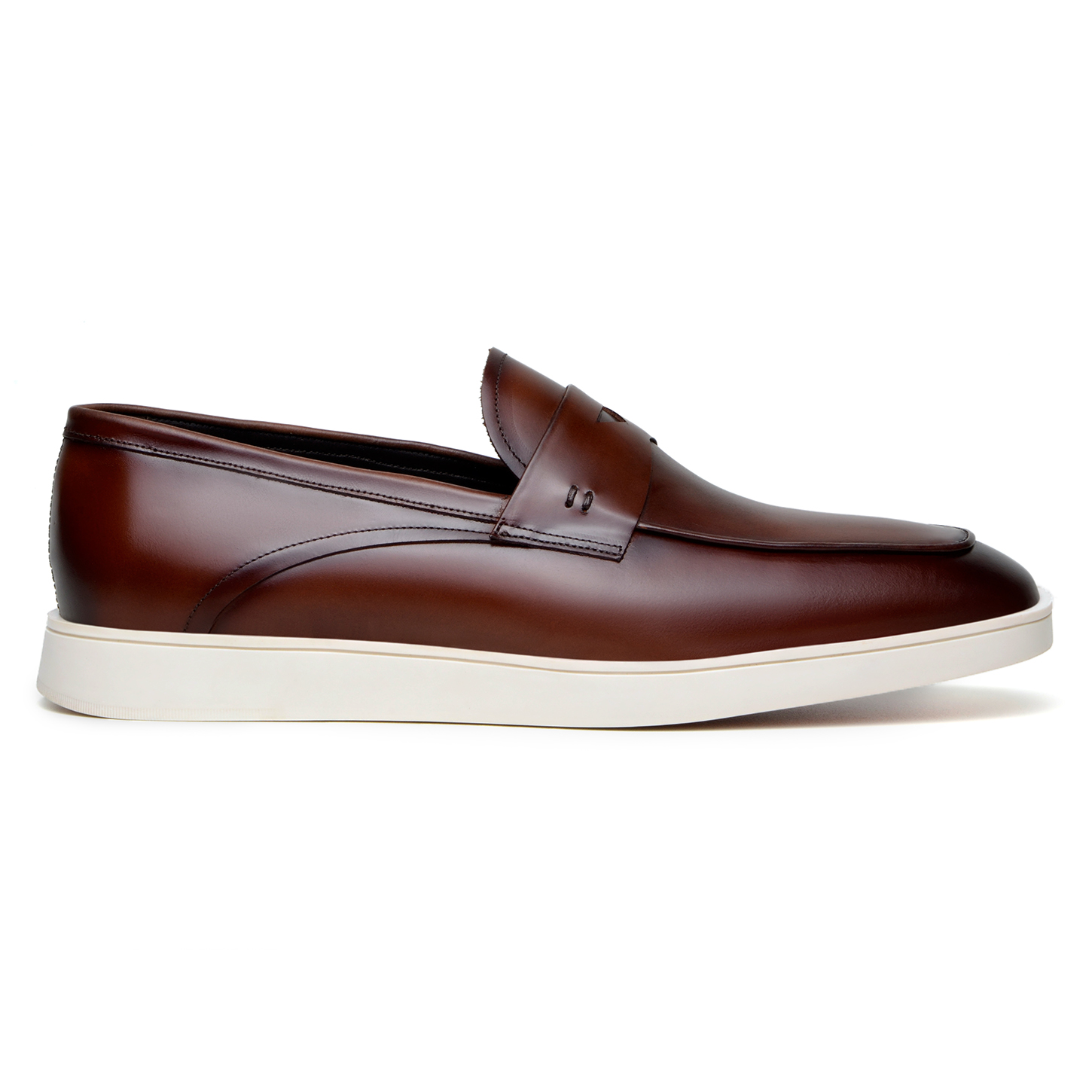 A pair of BELVEDERE Belvedere - Maurizio Hybrid Penny Loafer Shoes in cognac Nappa leather with white rubber soles, made in Brazil, are displayed side by side on a white background.