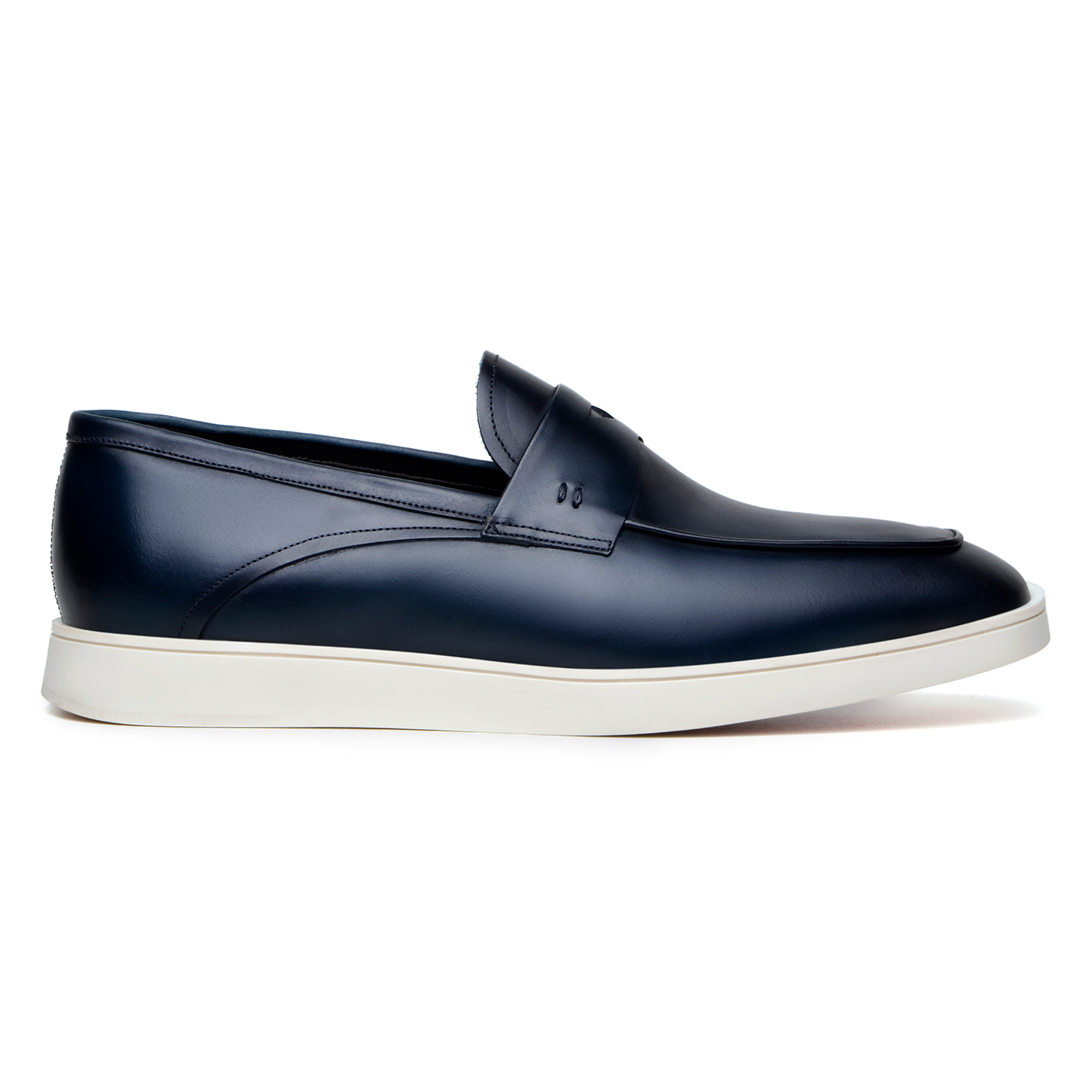 The Belvedere - Maurizio, Hybrid Penny Loafer Dress Shoe in Navy by BELVEDERE is a pair of Nappa leather slip-on shoes with white soles and a cushioned insole, viewed from a slight angle.