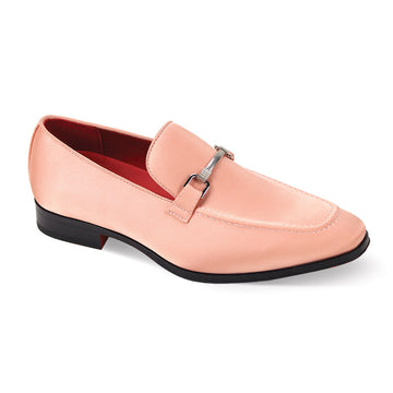 The After Midnight 7018 Blush Satin Loafer, by AFTER MIDNIGHT, features a sleek buckle, black sole, and vibrant red interior.