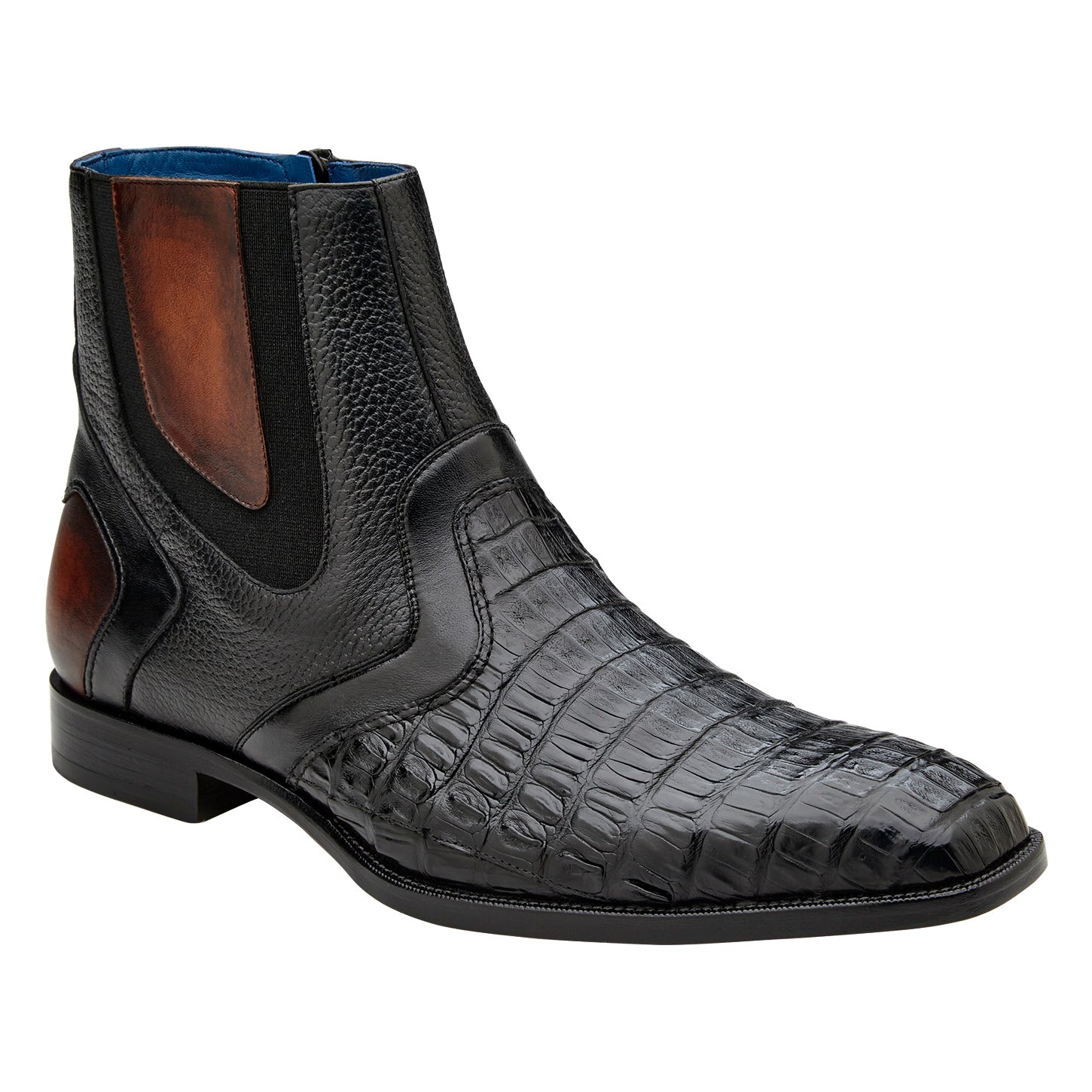 The BELVEDERE Monte - R102 boot features genuine caiman crocodile and Italian leather in black, with a textured front and elastic side panels, displayed in side profile on a white background.