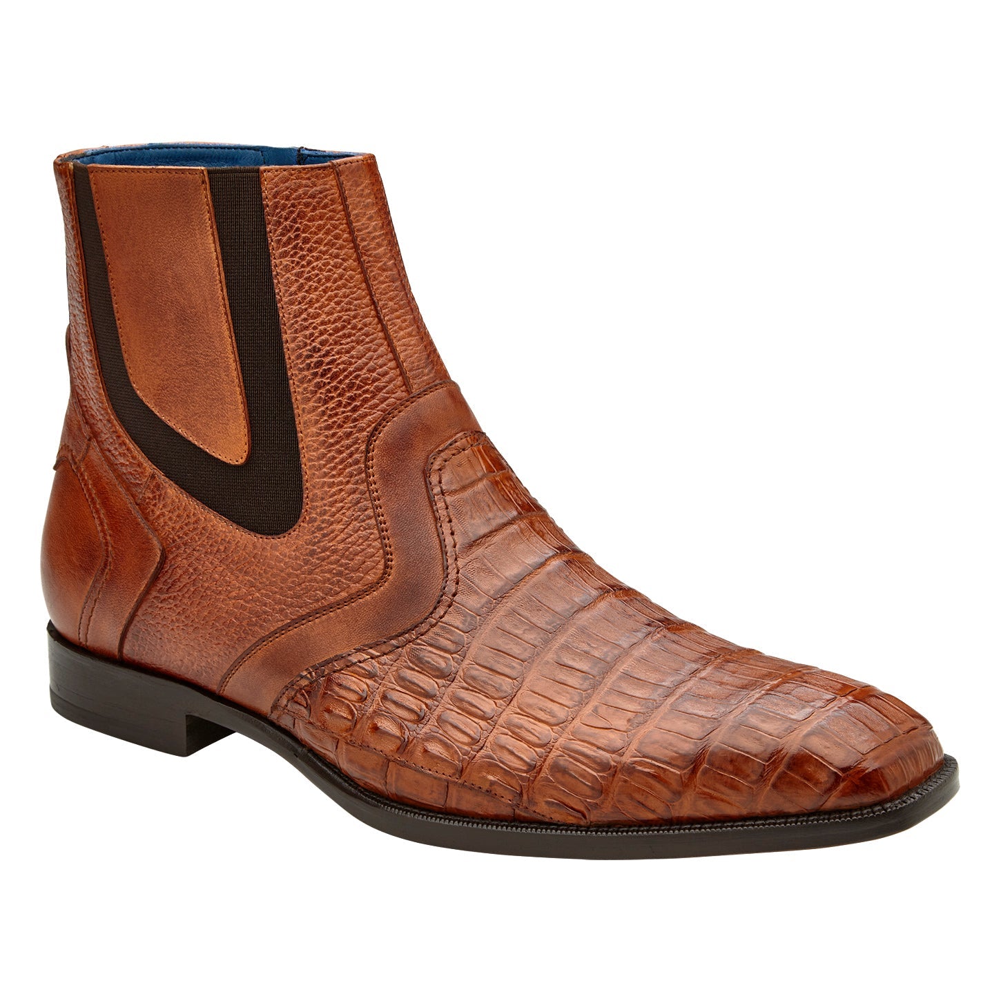 The BELVEDERE Monte (R102) is a brown Italian leather ankle boot featuring genuine caiman crocodile texture on the toe and side, black elastic panels, and a low heel.