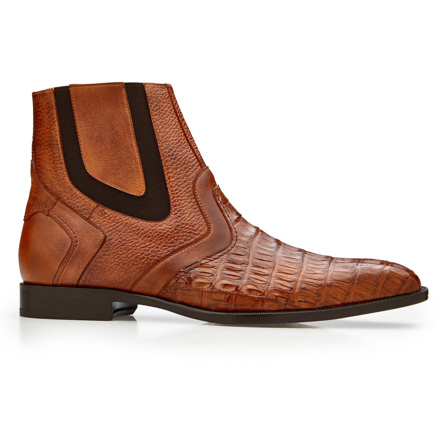 The BELVEDERE Monte (R102) is a brown Italian leather ankle boot featuring genuine caiman crocodile texture on the toe and side, black elastic panels, and a low heel.